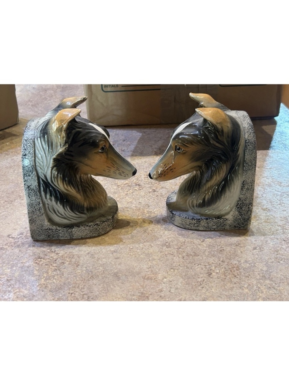 Vintage Collie Dog Head Bookends - Pair in Brown and Cream-no chips cracks EUC - Picture 6 of 13